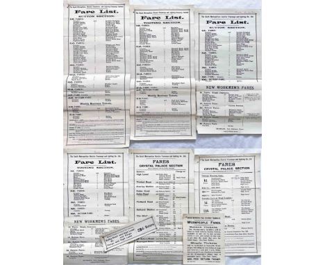 Selection (8) of WW1 South Metropolitan Electric Tramways and Lighting Ltd FARES LISTS &amp; FLYERS, mostly dated 1916 or 191
