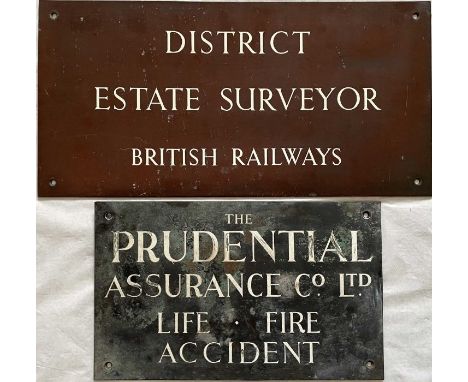 Pair of c1950s brass BUILDING SIGNS or DOORPLATES, the first 'District Estate Surveyor, British Railways' (18" x 9" - 46cm x 