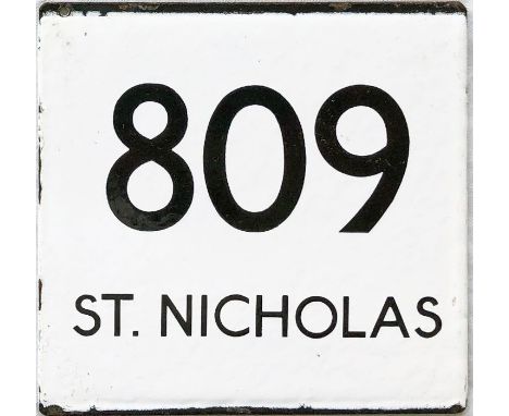 London Transport bus stop enamel E-PLATE for route 809 destinated St Nicholas. This would have been located at Stevenage bus 