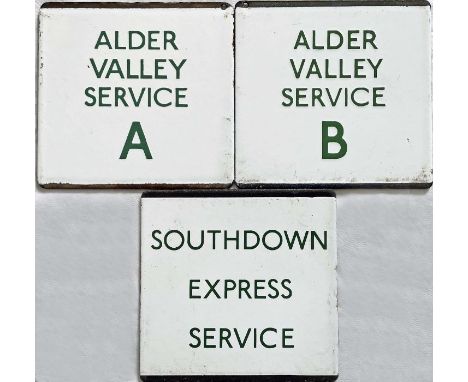 Trio of London Transport bus stop enamel E-PLATES for Alder Valley Service A, Alder Valley Service B and Southdown Express Se