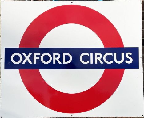 London Underground enamel PLATFORM ROUNDEL SIGN from Oxford Circus station on the Bakerloo, Central &amp; Victoria lines. Mea