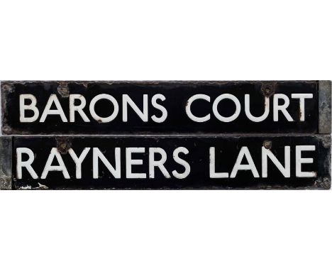 London Underground Standard or 1938-Tube Stock enamel CAB DESTINATION PLATE for Barons Court/Rayners Lane on the Piccadilly L
