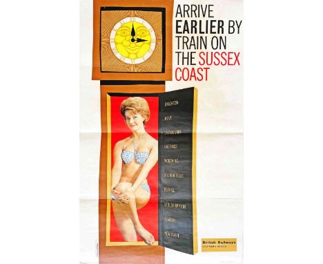 1963 British Railways (Southern Region) double-royal POSTER "Arrive earlier by train on the Sussex Coast" designed by Kenneth