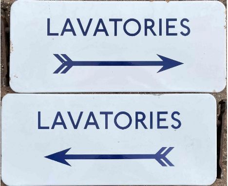 1950s London Underground enamel SIGN 'Lavatories' with a directional arrow with two flights. A double-sided, flanged sign wit