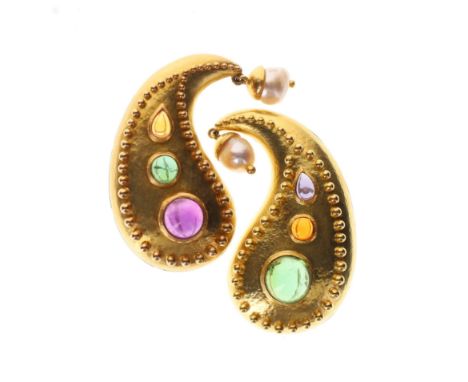 Elizabeth Locke Multi-Gem Set 18ct Gold Fur Clip/Brooch Set. This set features iolite, amethyst, tourmaline and citrine caboc
