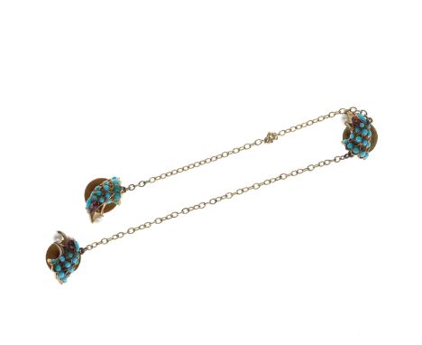 Victorian Turquoise, Pearl and Garnet Eagles Head Gold Cloak Button Studs. This piece has been tested as 15ct gold. The piece