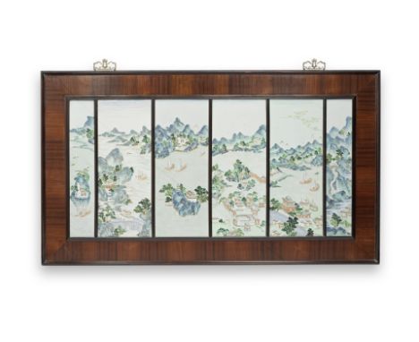 SIX POLYCHROME PORCELAIN PLAQUESQianlong/JiaqingThe six plaques all together depicting an expansive mountainous landscape eac