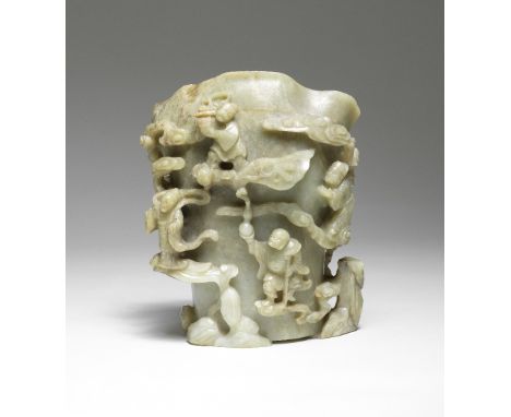 A LARGE GREEN JADE 'EIGHT DAOIST IMMORTALS' LINGZHI-SHAPED VASEQing DynastySkilfully carved in the form of a large lingzhi, w