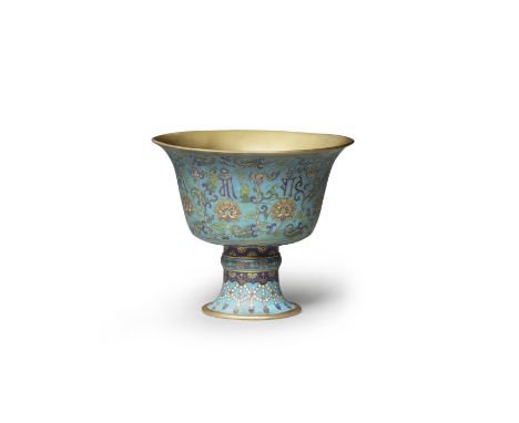 A RARE CLOISONNÉ ENAMEL STEM CUPQianlong blue enamel seal mark and of the periodRaised on a tall flared foot decorated with a