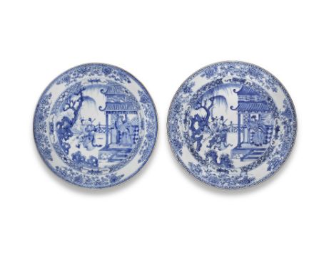 A PAIR OF LARGE BLUE AND WHITE 'ROMANCE OF THE THREE KINGDOMS' DISHESKangxiEach elaborately decorated with the bearded Dong Z