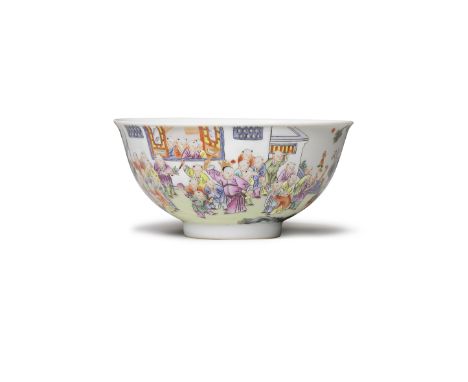 A FAMILLE ROSE 'HUNDRED BOYS' BOWLJiaqing iron-red seal mark and of the periodFinely enamelled around the exterior of the dee