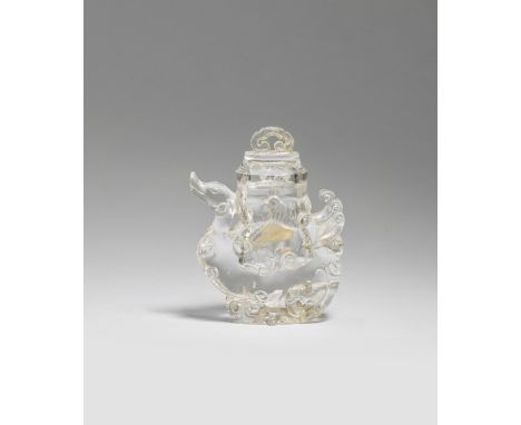 A ROCK CRYSTAL 'MYTHICAL BIRD' VASE AND COVER18th/19th century Well carved as a bird supporting a vase with a cover surmounte