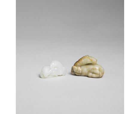 A SMALL WHITE JADE CARVING OF A HORSE AND A CELADON AND RUSSET JADE CARVING OF A HORSEQing DynastyThe white jade pebble exper