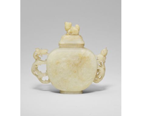 A MUGHAL-STYLE WHITE AND RUSSET JADE EWER AND COVER18th centuryThe body of rounded square shape supported on a short flared f