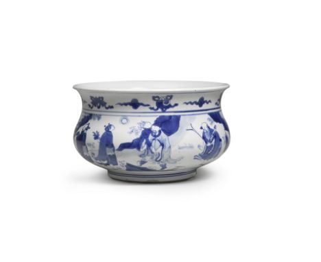 A BLUE AND WHITE 'EIGHT IMMORTALS' INCENSE BURNERKangxiSturdily potted with bulbous sides rising from a heavily potted foot t