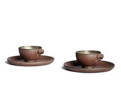 A PAIR OF YIXING STONEWARE SILVER-LINED CUPS AND SAUCERSDicheng seal-marks, early Qing Dynasty Each cup of deep rounded form 