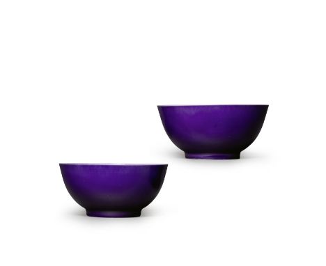 A FINE PAIR OF AUBERGINE-GLAZED BOWLSKangxi six-character marks and of the periodEach with deep rounded sides rising from a s