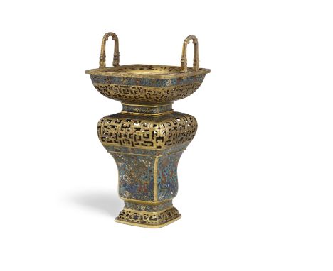 A VERY RARE CLOISONNÉ ENAMEL AND GILT-BRONZE FLOWER BASKET17th centuryThe baluster square body with a constricted waist, risi