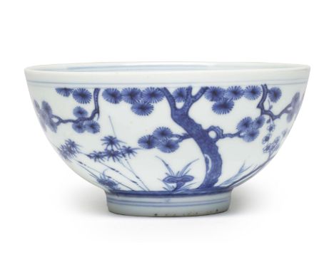 A BLUE AND WHITE 'THREE FRIENDS OF WINTER' BOWLXuande six-character mark, 18th centuryThe deeply curving sides rising from a 