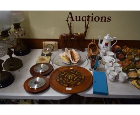 A Canadian wooden and decorated plated; together with sea shells; a barometer; a wicker wine pourer etc. 