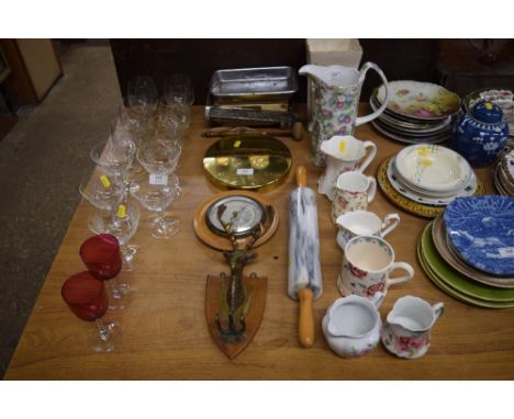 A marble and wooden handled rolling pin; a brass dinner gong; a set of hooks etc.