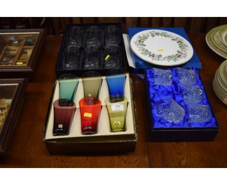 A set of six Royal Doulton hand cut crystal drinking glasses together with five cut glass tumblers; a set of six coloured gla