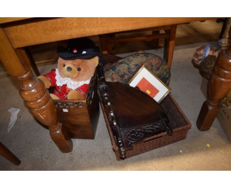 A wooden jardiniere containing a Beefeater Bear and a basket containing a corner wall shelf; small stool etc.