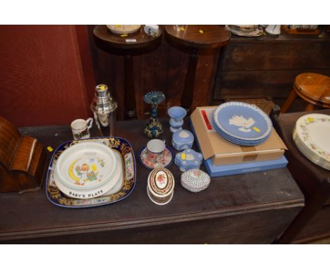 A Shelley baby's plate; together with Wedgwood Jasperware plates and trinket boxes; an overlaid glass vase etc.