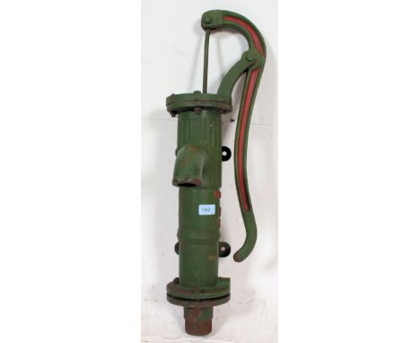 A vintage mid century Parry number 3 water pump finished in green paint with pump handle. Measures: 70cm x 20cm x 31cm.