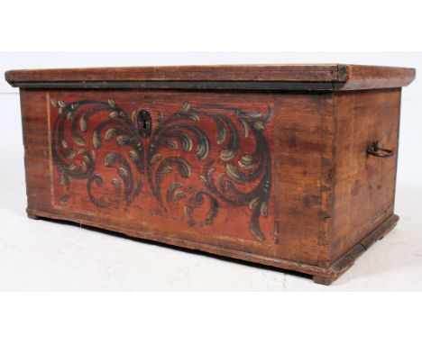 A 19th century painted pine Scandinavian folk art marriage chest - blanket box. The fabulous painted trunk with original pain