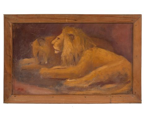 Mateo Hernández (Béjar, 1884 - Meudon, 1949)"Lion and lioness" Oil on panel. On both sides. On one side it is signed with the