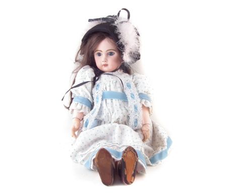Jumeau doll, with closed mouth and open eyes, the reverse of head marked with transfer B.G.D.G, and painted Vv, 57cm high CON