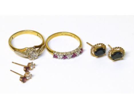 A selection of jewellery, to include an 18ct gold diamond and ruby band ring, an 18ct gold diamond single stone ring and two 