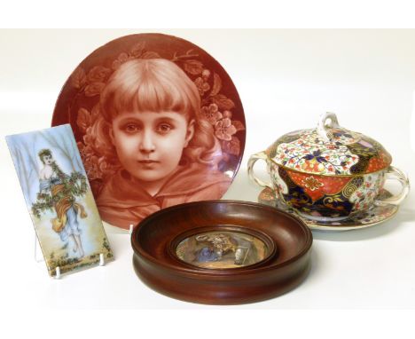 Bloor Derby lidded bowl on stand limoges enamel on copper Pratt lid framed Minton plaque painted with a girl We are unable to
