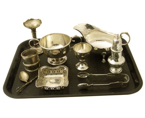 Selection of silver to include, silver sauce boat, egg cup, caster, napkin rings, bowl, trinket dish etc gross weight 17.61oz