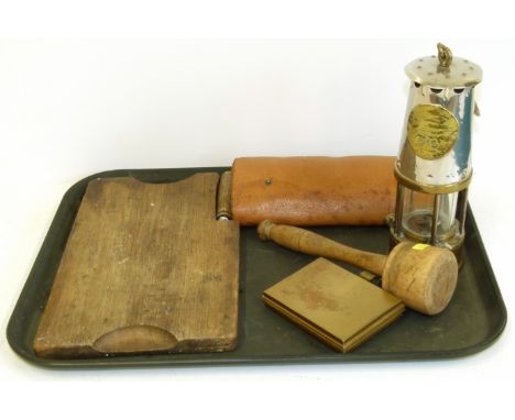Brass minors lamp, Swaine &amp; Adeney hunting companion set, chopping board compact and pestle We are unable to do condition