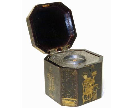 19th century lacquered lead lined tea caddy with gilt decorations depicting oriental figure We are unable to do condition rep