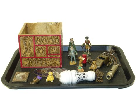Small box of mixed collectors items, to include LMS whistle, Police Whistle, lead soldiers, enamel badge etc. We are unable t