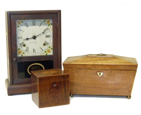 Seth Thomson American style mantle clock 19th century sarcophagus shaped caddy and small square mahogany and amboyna wood 19t