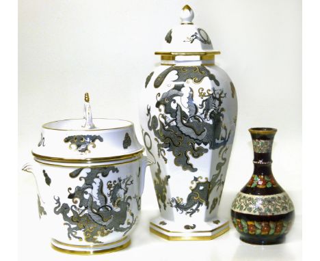Royal Worcester "Black Dragon" pagoda top vase and lidded two handled pot complete with Della Robia style vase. We are unable