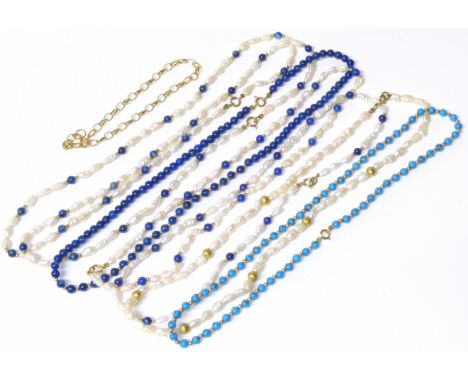 A selection of gem set beads, to include cultured pearl, lapis lazuli etc, together with a 9ct gold chain (8). We are unable 