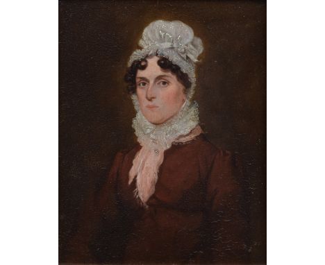 English School, 19th century, Portrait of a lady wearing a lace cap, unsigned, oil on board, 17.5 x 14cm, 7 x 5.5in. We are u