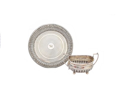 A Mappin &amp; Webb silver sugar pot and plated tray, the sugar pot of squat form with part reeded body and angular handles, 