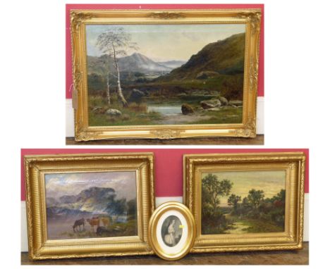 Three Victorian gilt framed oil paintings depicting rural views and an oval framed print (4). We are unable to do condition r