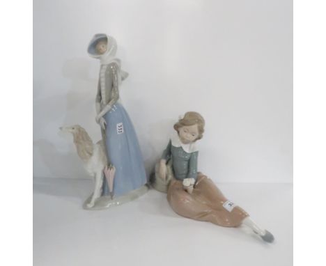 A large Lladro figure of a woman and Borsoi dog, together with a Nao figure of a girl holding a posy of flowers Condition Rep