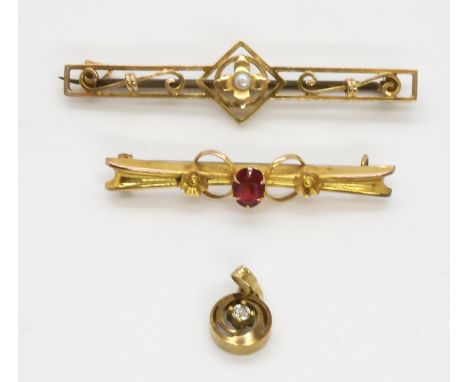 A 9ct gold gem set bar brooch, a German 8ct gold illusion set diamond pendant, stamped 333 and a seed pearl set 9ct bar brooc