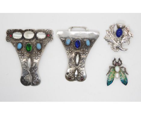 A French silver mother of pearl and gem set buckle, struck with the French Crab hallmark for silver, together with a silver p