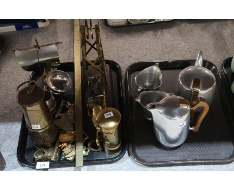 Assorted brassware including a miners lamp, fabric rule, etc and a Picquotware teaset Condition Report:Not available for this