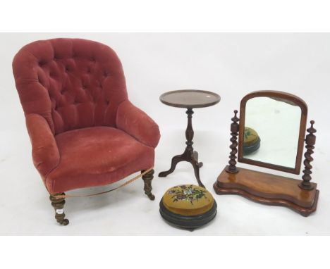 A Victorian button back armchair, mahogany dressing mirror, mahogany wine table and a bead work button stool (4) Condition Re