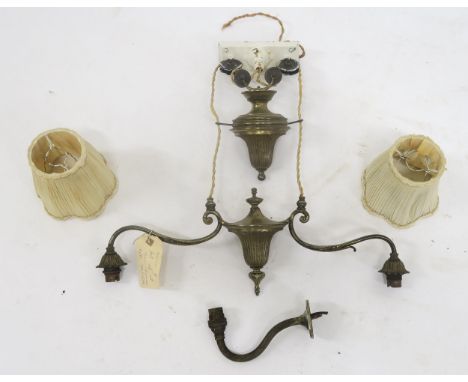 A Victorian brass rise and fall ceiling light, two adjustable standard lamps and a pair of framed prints (5) Condition Report